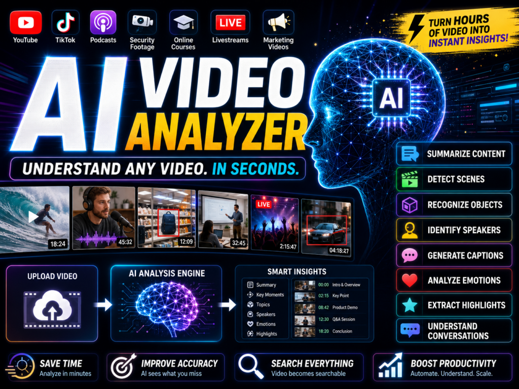 Task-89825541-1-1 – WeShop AI Blog A futuristic infographic for an AI Video Analyzer featuring a digital brain profile processing various media types like YouTube and TikTok to provide smart insights like content summarization and object recognition.