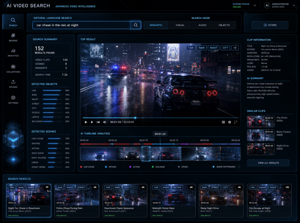 Task-89825541-4-1 – WeShop AI Blog A sophisticated dark-mode dashboard interface titled "AI Video Search," displaying advanced multimodal capabilities like natural language querying (e.g., "car chase in the rain at night") and detailed, color-coded timeline analysis of a specific video clip.