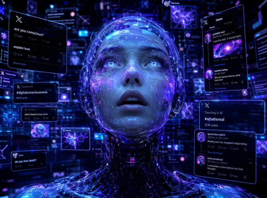 Futuristic AI chatbot personality awakening, holographic social media feeds floating around, cyberpunk internet atmosphere, emotional artificial intelligence face, neon blue and purple lighting, X platform inspired interface, chaotic digital culture aesthetic, cinematic sci-fi style, ultra detailed. About the topic of Grok 5 release date.
