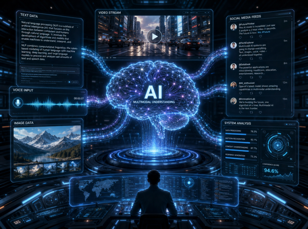 Multimodal futuristic AI system understanding text, video, voice, images, and social media simultaneously, holographic media streams connected to central AI brain, cinematic sci-fi aesthetic, ultra detailed technology visualization