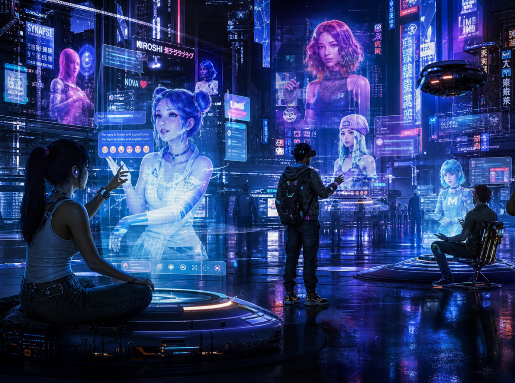 Future society interacting with emotional AI assistants, futuristic internet ecosystem, holographic chatbot personalities, cyberpunk digital world, cinematic neon atmosphere, ultra detailed sci-fi environment