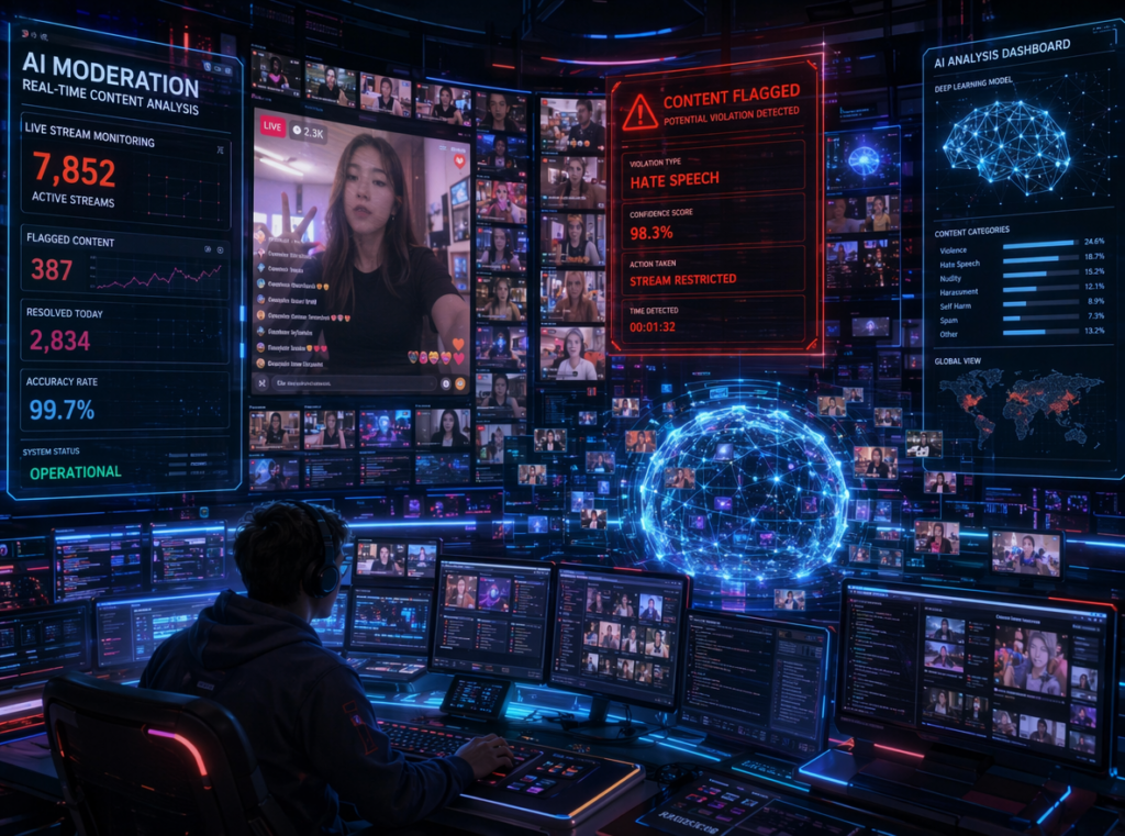 Futuristic AI video moderation system analyzing massive social media video streams in real time, holographic moderation alerts, livestream feeds, TikTok-style content panels, cyberpunk AI control center, neon blue and red lighting, cinematic technology aesthetic, ultra detailed
