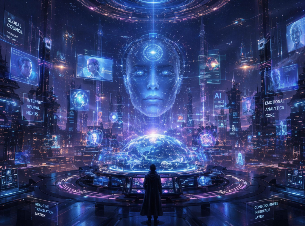 Future AI systems moderating and understanding the global internet, holographic video streams across digital world, cinematic sci-fi ecosystem, emotional artificial intelligence, neon futuristic atmosphere, ultra detailed
