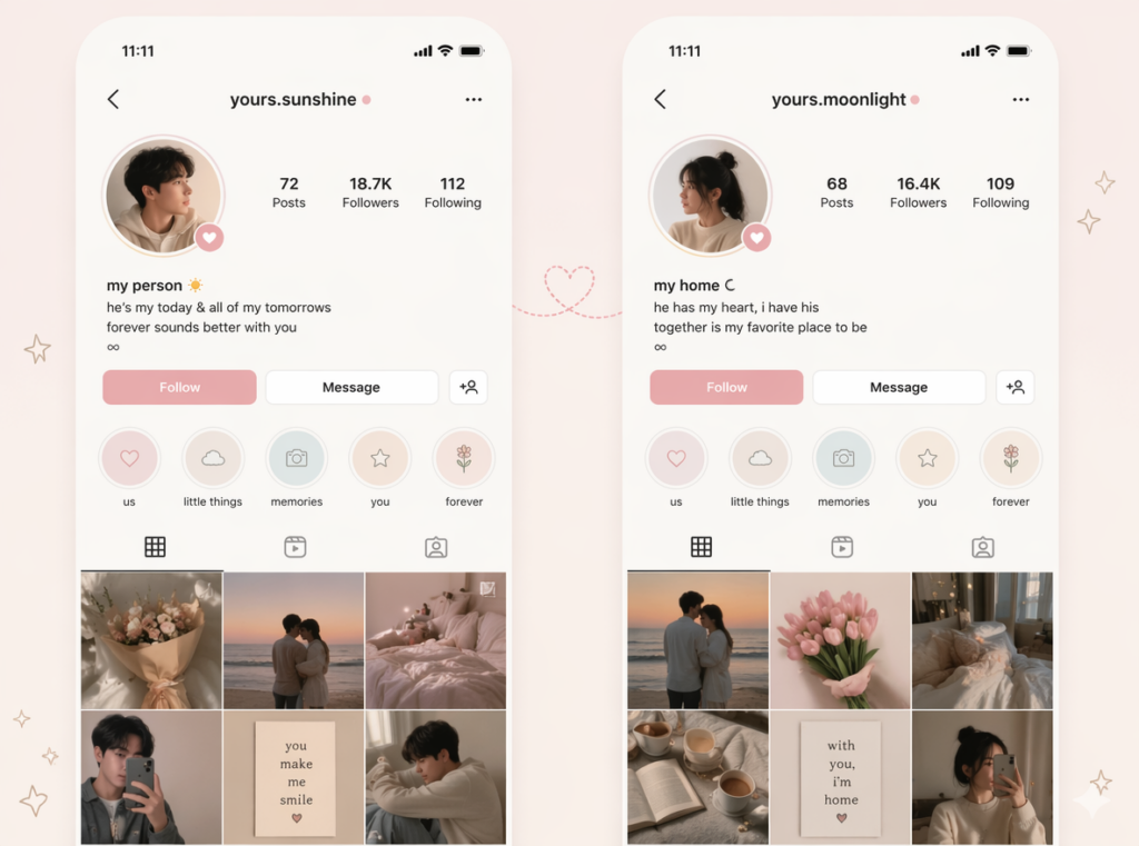 Matching couple Instagram profile mockup, aesthetic romantic bios, soft pastel colors, minimal social media UI, cute couple aesthetic, clean mobile interface, dreamy Gen Z romance vibe, modern Instagram inspired layout
