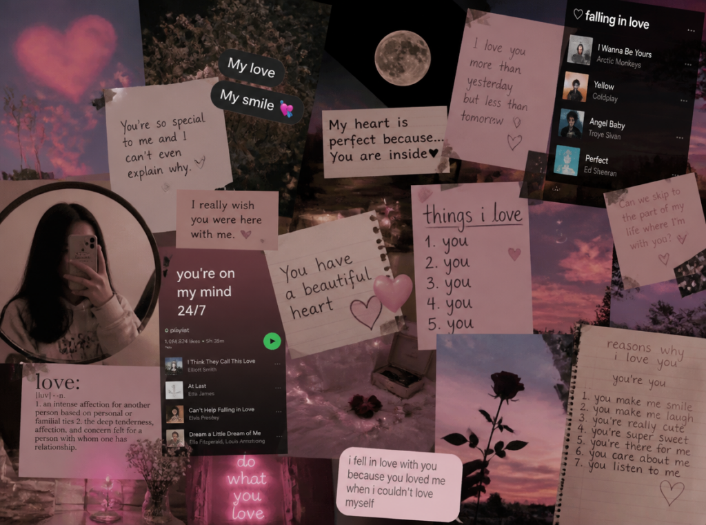 Aesthetic Instagram love bio moodboard, handwritten romantic notes, playlists, moonlight, flowers, mirror selfie aesthetic, soft pink sky, emotional Gen Z collage, dreamy Pinterest style, ultra detailed
