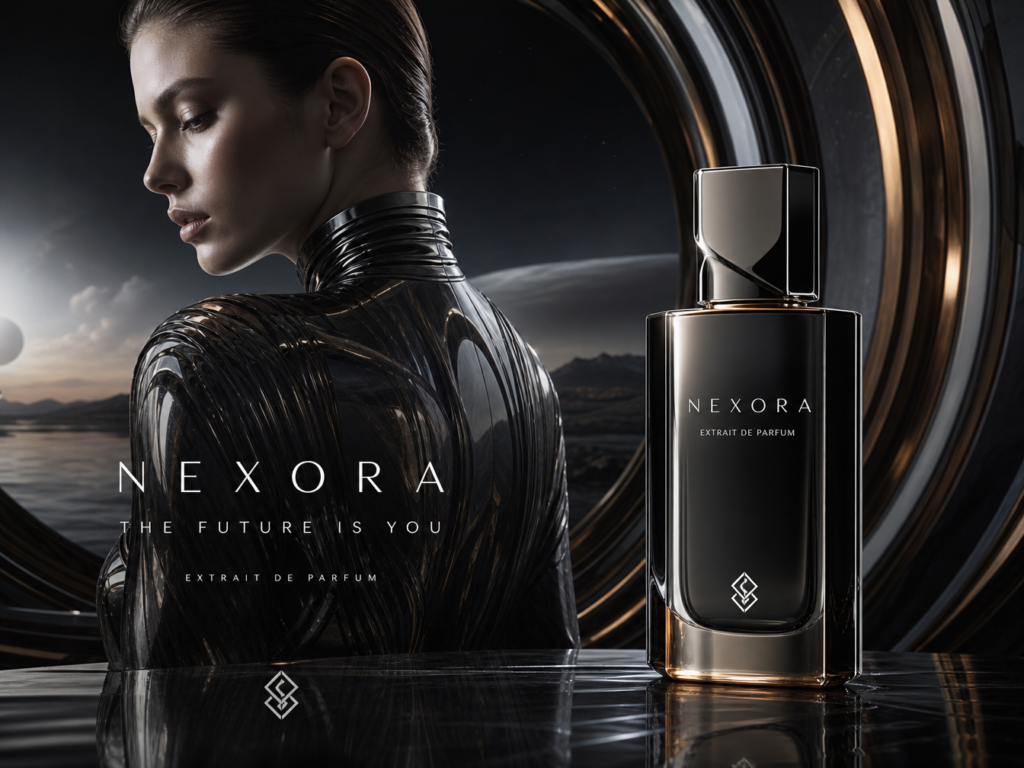 Luxury futuristic perfume advertisement with reflective metallic surfaces, cinematic lighting, elegant sci-fi aesthetic, premium fashion campaign style
