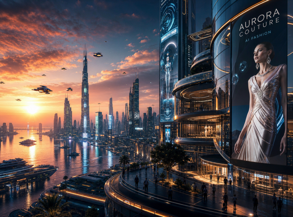 Elegant futuristic digital world with luxury AI fashion advertisements, reflective futuristic city skyline, cinematic sunset lighting, holographic architecture, emotional sci-fi atmosphere, ultra detailed