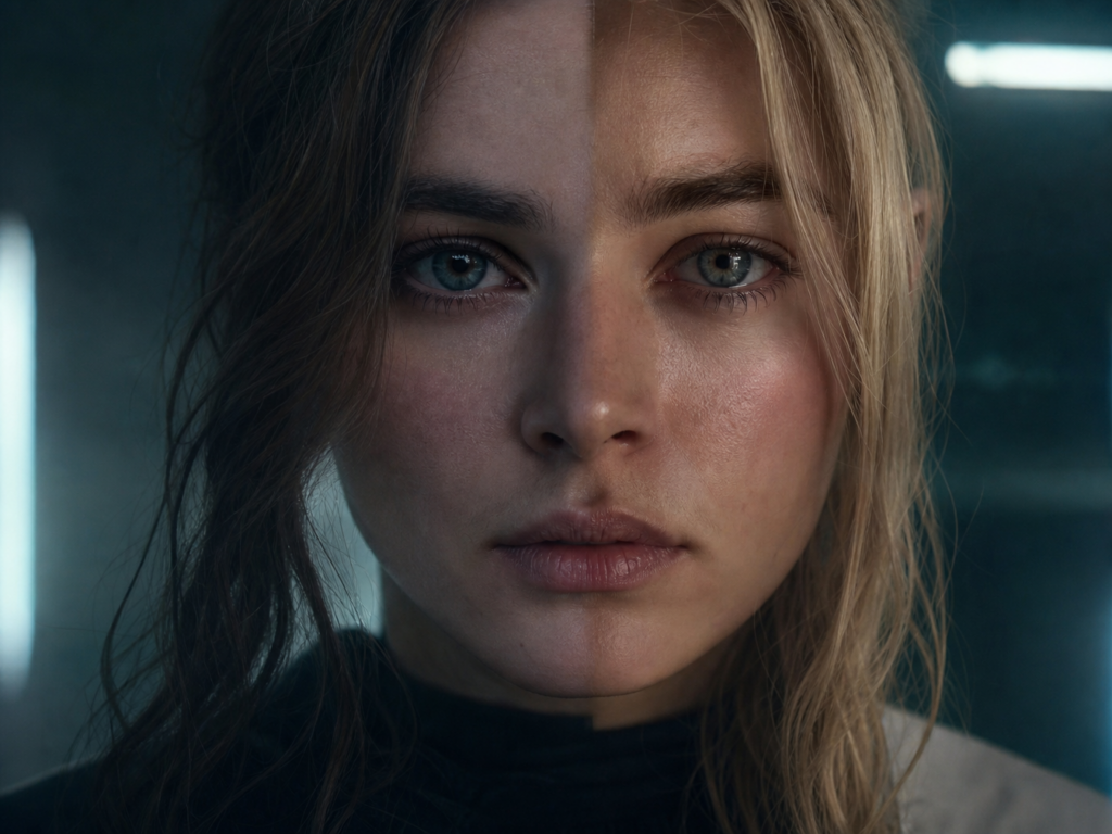 Ultra realistic AI face fusion portrait combining two human identities into one cinematic character, split-face composition, soft futuristic lighting, realistic skin texture, emotional expression, luxury sci-fi photography aesthetic, highly detailed