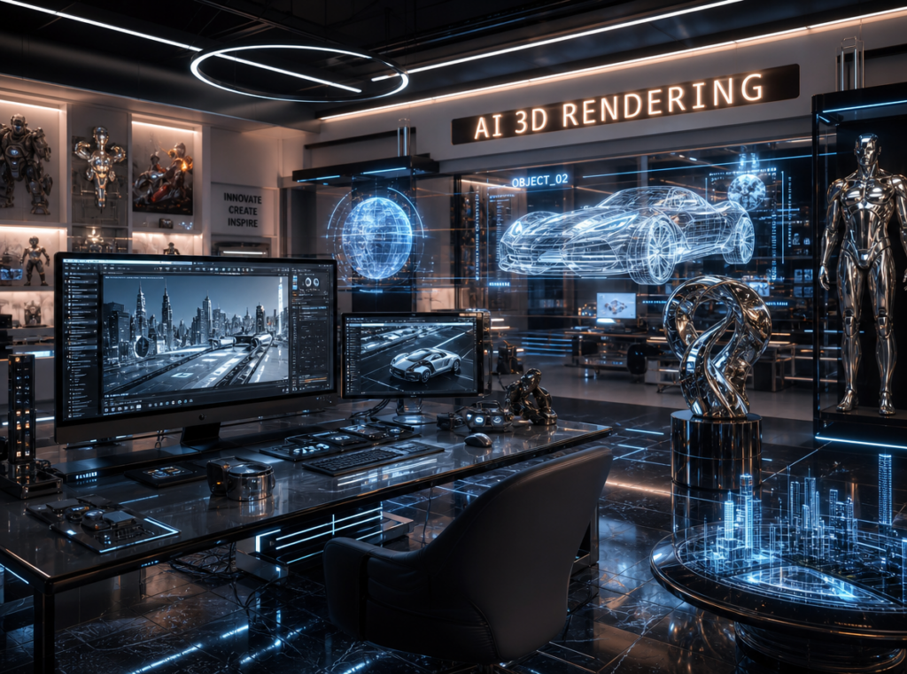 Futuristic AI 3D rendering studio with holographic objects, cinematic computer screens, glowing futuristic interface, luxury rendering environment, reflective chrome materials, ultra detailed, cinematic lighting