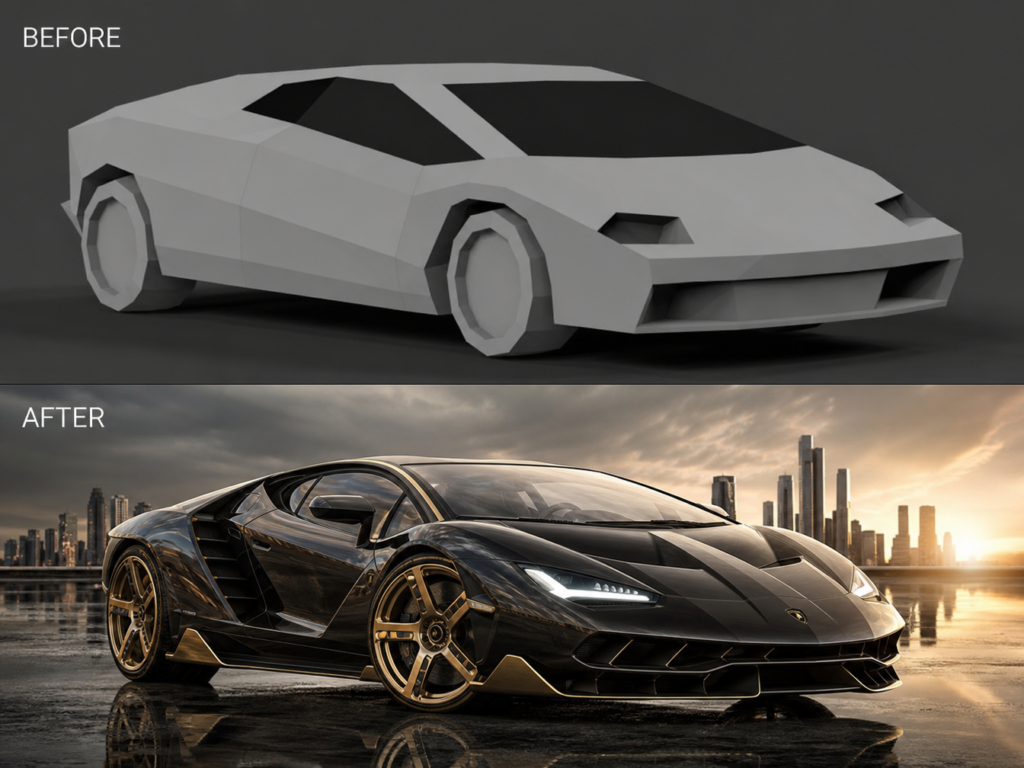 Before and after AI 3D rendering comparison, simple low-poly object transforming into cinematic photorealistic luxury 3D render, futuristic visualization, ultra detailed