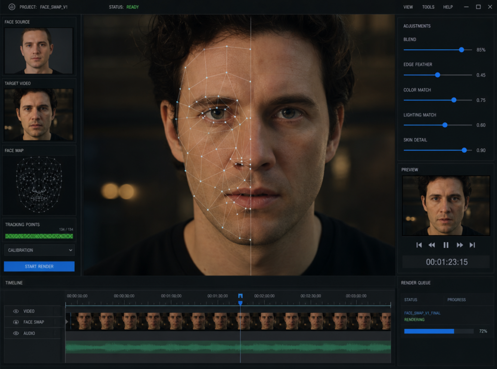 Cinematic AI video face replacement scene with split-face transformation, realistic facial tracking points, futuristic editing interface, dramatic movie lighting, ultra realistic skin texture, high-tech video editing aesthetic