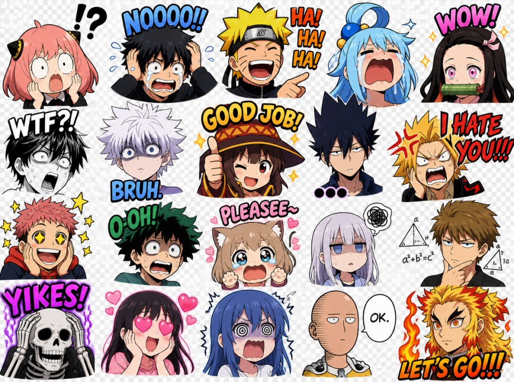 Collection of exaggerated anime reaction PNG meme styles, Discord sticker aesthetic, TikTok meme overlays, colorful internet humor, anime-inspired reaction faces, transparent PNG style collage