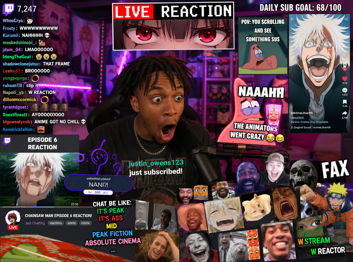 Chaotic Twitch and TikTok anime meme culture scene, streamer setup with anime reaction overlays, colorful gaming atmosphere, exaggerated internet humor, meme spam aesthetic, neon lighting