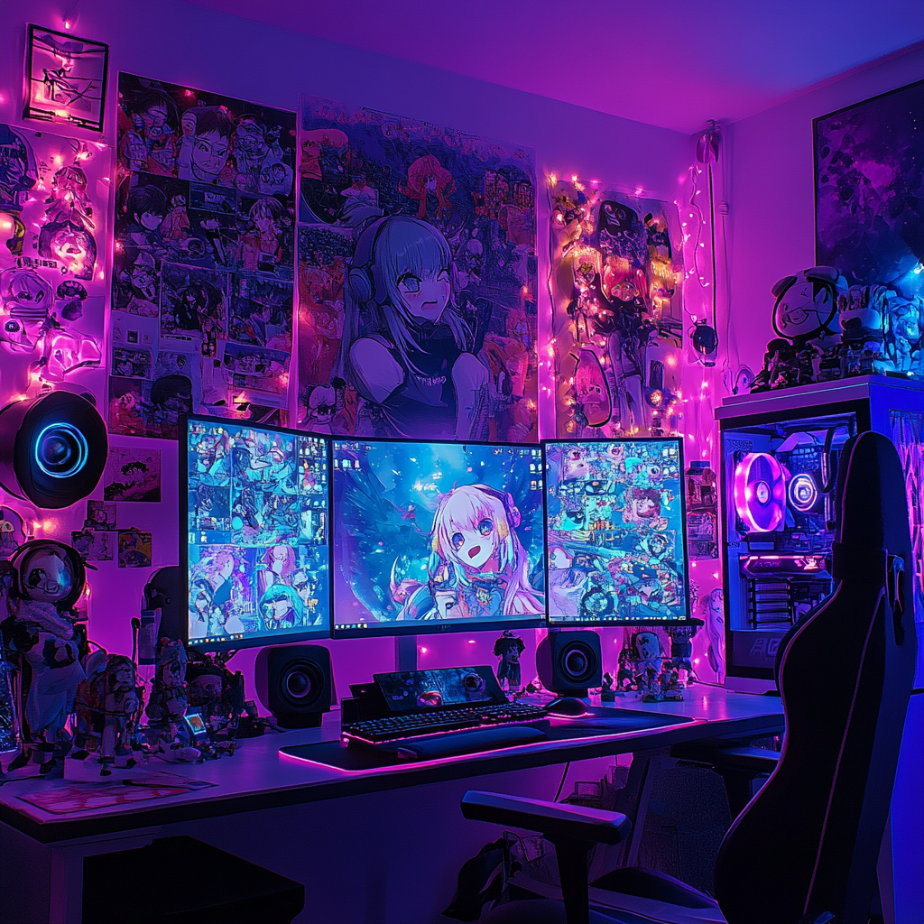 Chaotic Twitch and TikTok anime meme culture scene, streamer setup with anime reaction overlays, colorful gaming atmosphere, exaggerated internet humor, meme spam aesthetic, neon lighting