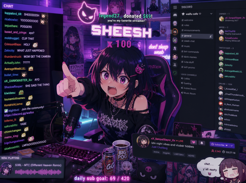 Anime reaction culture collage with exaggerated anime expressions, layered internet aesthetics, TikTok and Discord inspired interface elements, emotional digital overload, cinematic cyber atmosphere, colorful internet culture visual, ultra detailed