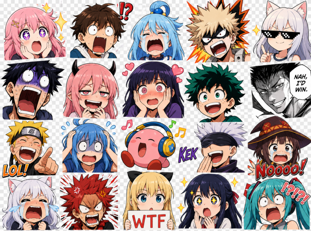 Collection of exaggerated anime reaction PNG styles for Discord and meme culture, colorful anime expressions, streamer emotes, internet reaction aesthetic, transparent PNG collage, vibrant chaotic energy