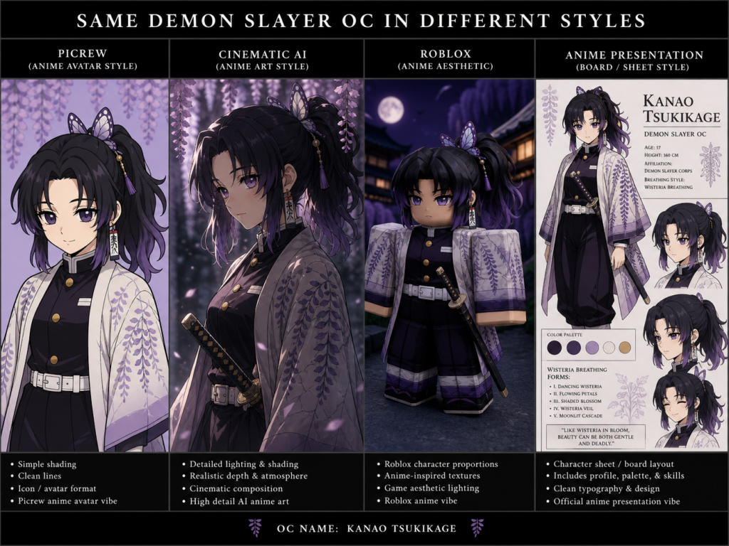 Comparison grid showing the same Demon Slayer original character generated in different styles including Picrew anime avatar style, cinematic AI anime art, Roblox anime aesthetic, and anime presentation board design