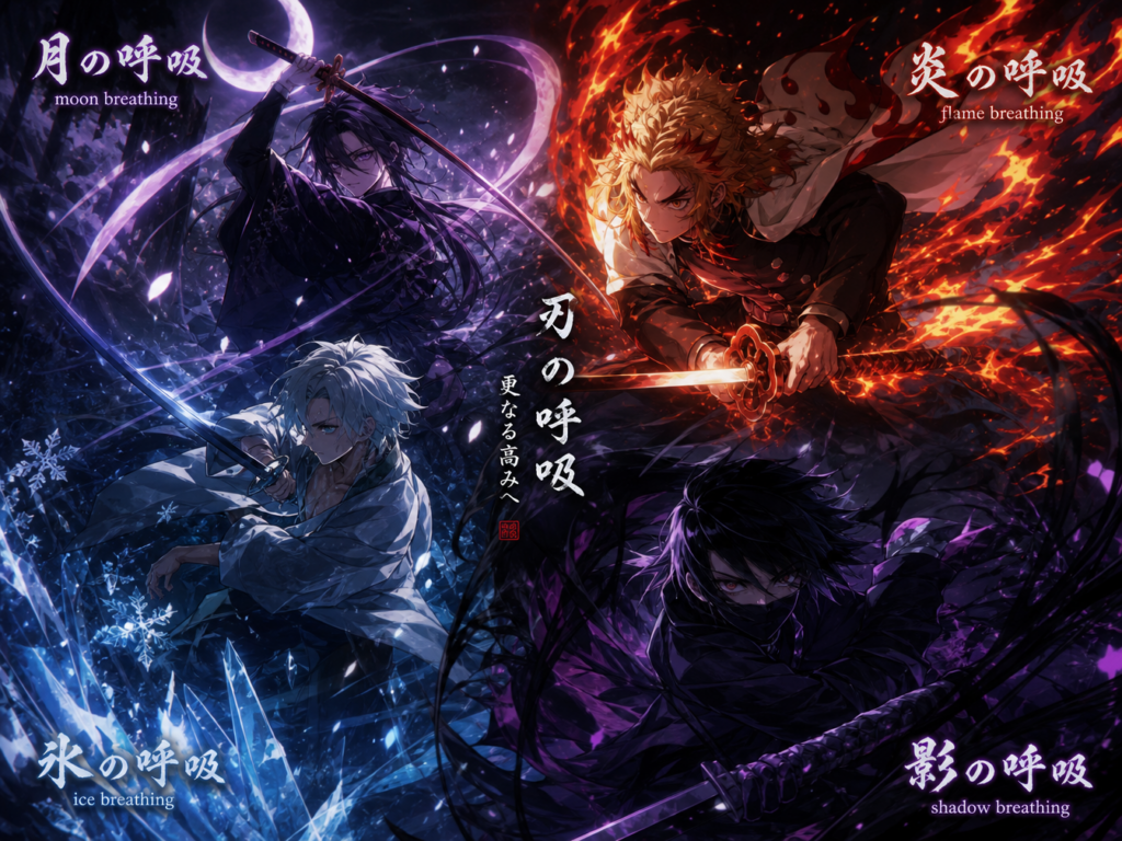 Anime original characters using different breathing styles including flame breathing, moon breathing, ice breathing, and shadow breathing, dramatic anime battle effects, cinematic fantasy atmosphere