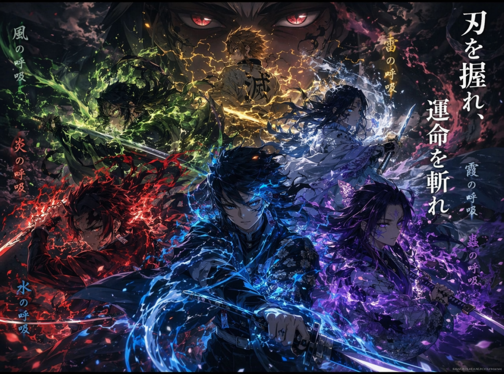 Multiple Demon Slayer inspired anime original characters with glowing breathing effects, cinematic anime lighting, dramatic swords, fantasy anime atmosphere, ultra detailed anime poster aesthetic