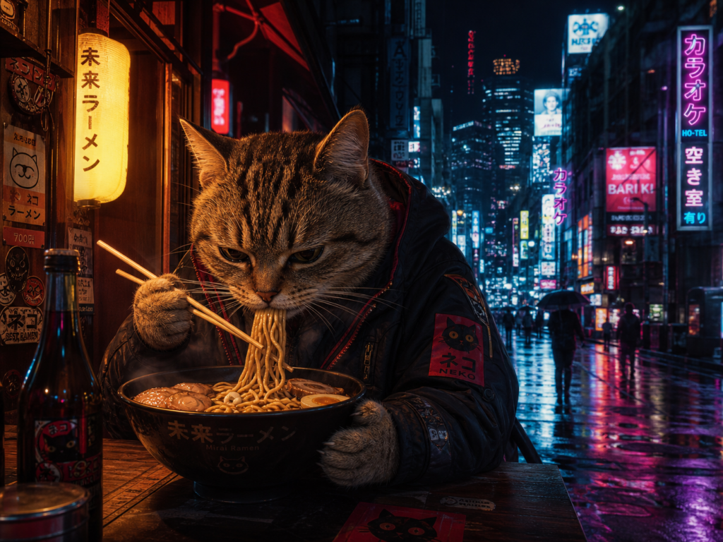 Cyberpunk cat eating ramen in Tokyo at night
