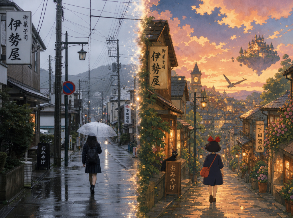 Task-91334811-5-1 – WeShop AI Blog Split-screen image showing a normal rainy Japanese street transforming into a dreamy Studio Ghibli style inspired anime world, warm cinematic lighting, watercolor textures, cozy fantasy atmosphere