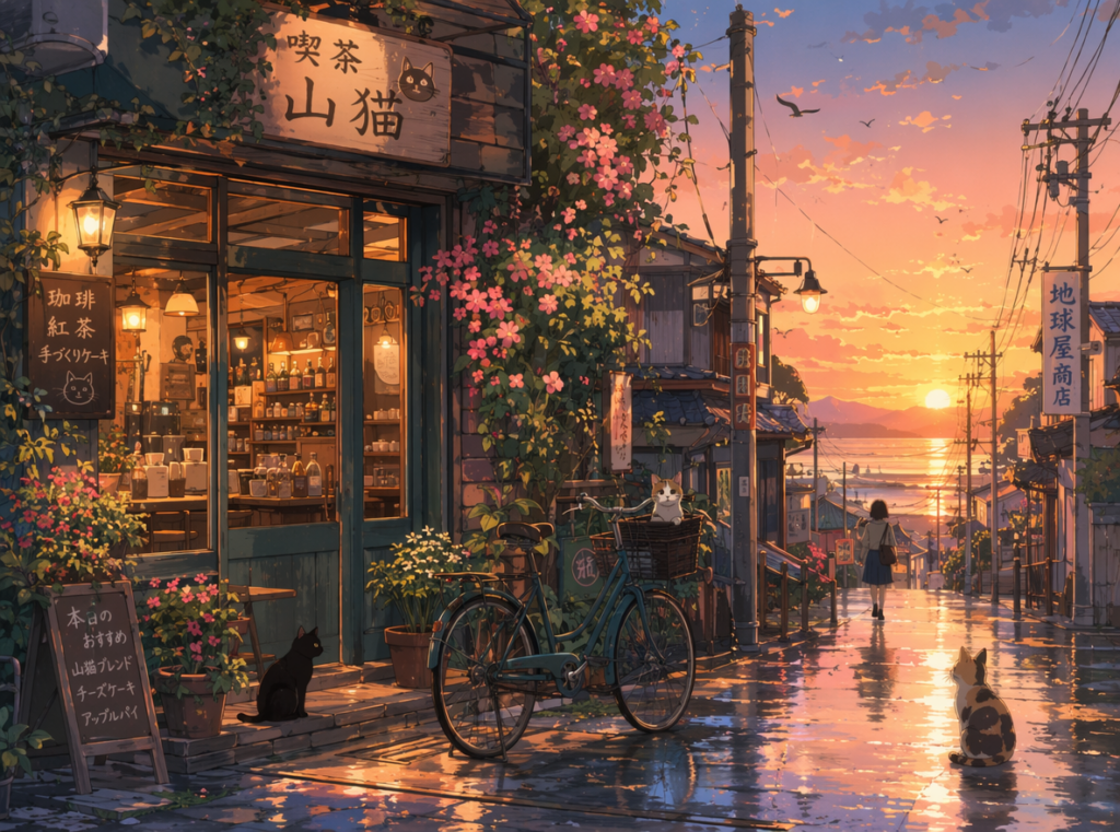 Task-91334811-6-1 – WeShop AI Blog Cozy anime-style café street at sunset with bicycles, cats, rain reflections, warm Studio Ghibli style inspired atmosphere, soft watercolor anime aesthetic