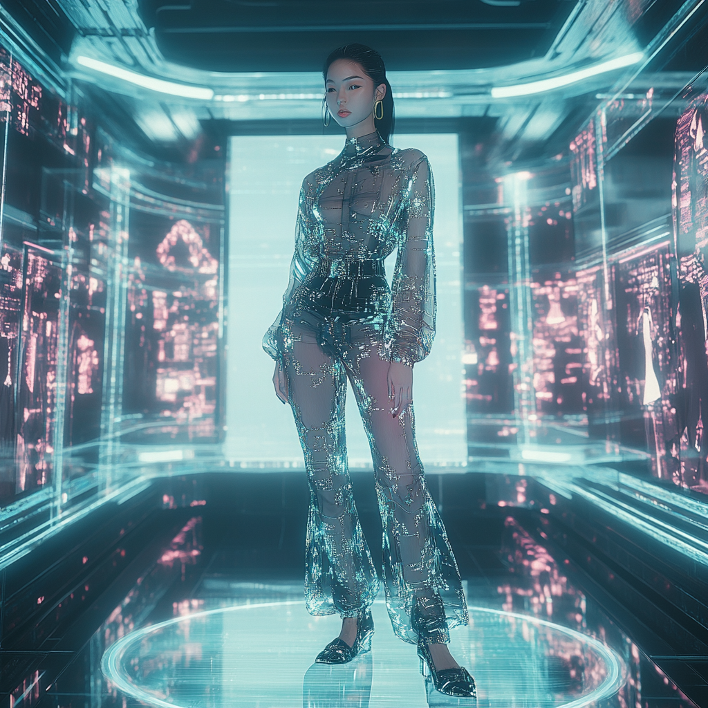 Futuristic AI virtual try-on fashion studio with an Asian model wearing digitally generated clothing in a luxury ecommerce environment