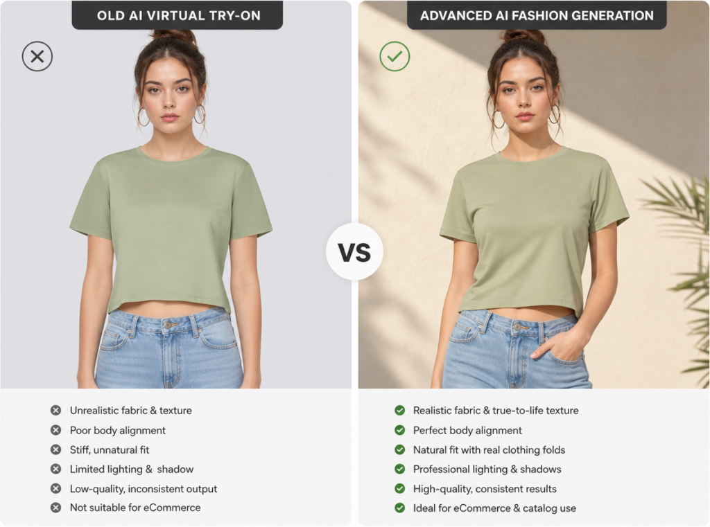 Comparison between older AI virtual try-on results and realistic Doubao 4.0 AI fashion generation with improved clothing textures and body alignment