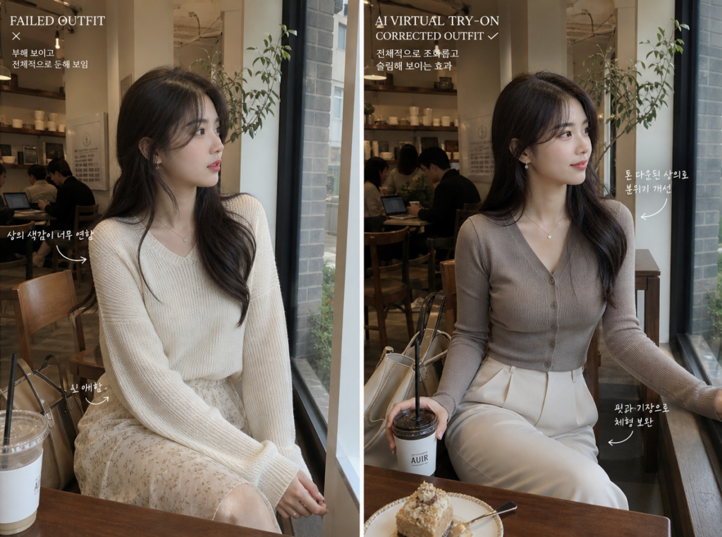 Comparison of a failed café outfit and an AI virtual try-on corrected fashion look inside a cozy aesthetic coffee shop