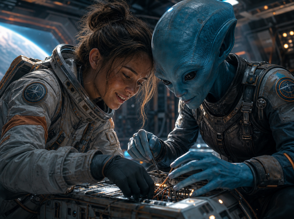 Task-91355105-10-1 – WeShop AI Blog Friendly alien engineer character inspired by Rocky from Project Hail Mary with cinematic sci-fi lighting