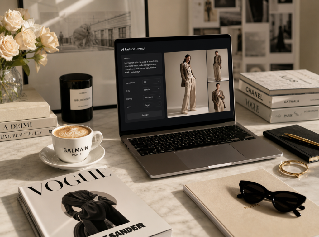 Task-91355105-12-1 – WeShop AI Blog Luxury creative workspace with AI fashion prompts displayed on a laptop in a Pinterest-style setting