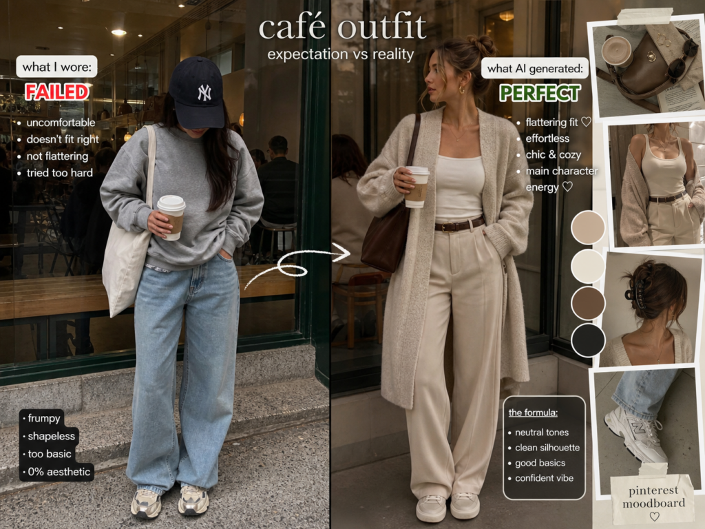 Pinterest-inspired café fashion photo with soft lighting and cozy influencer aesthetic styling