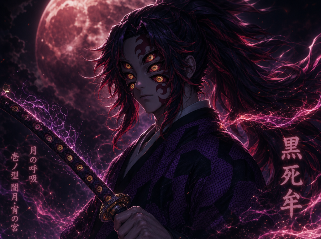 Task-91355105-6-1 – WeShop AI Blog All Upper Moon demon characters standing together in a dark cinematic anime scene with glowing eyes and moonlight