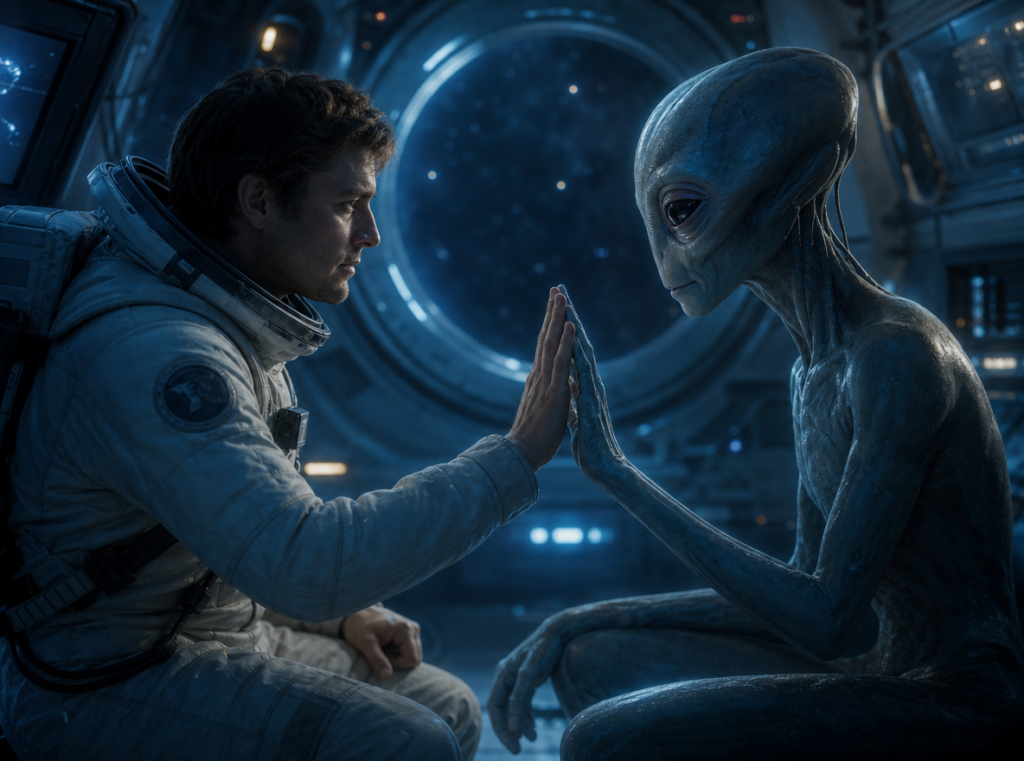 Task-91355105-8-1 – WeShop AI Blog Astronaut meeting a friendly alien inside a spaceship in a cinematic science fiction scene
