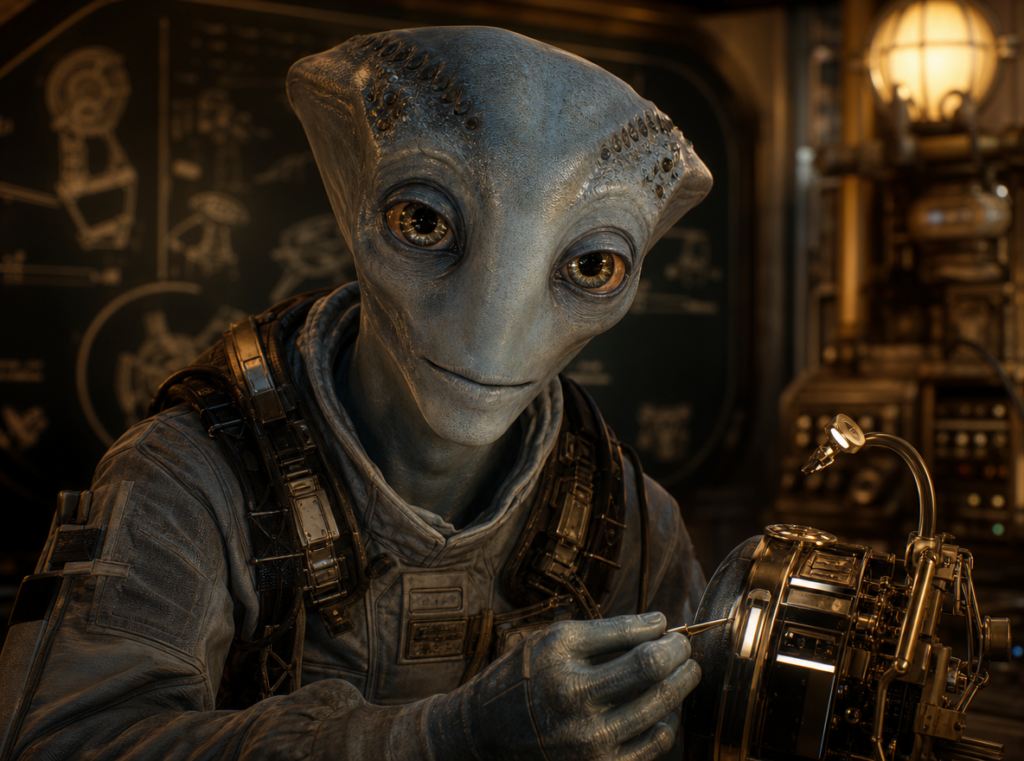 Task-91355105-9-1 1 – WeShop AI Blog Friendly alien engineer character inspired by Rocky from Project Hail Mary with cinematic sci-fi lighting