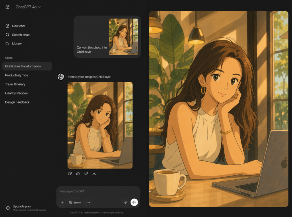 Modern AI interface transforming an everyday lifestyle photo into a cinematic Ghibli-inspired visual