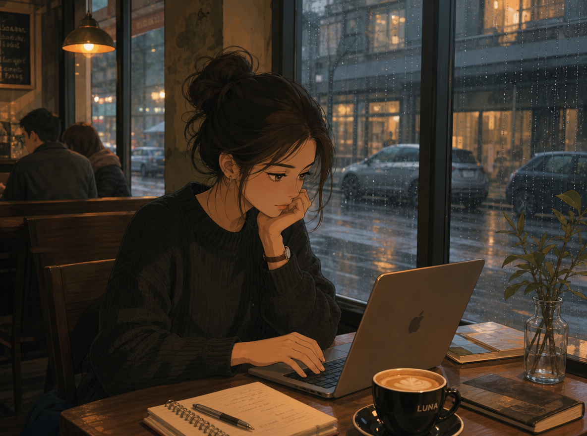 Ghibli-inspired lifestyle scene of a young professional working in a warm modern cafe