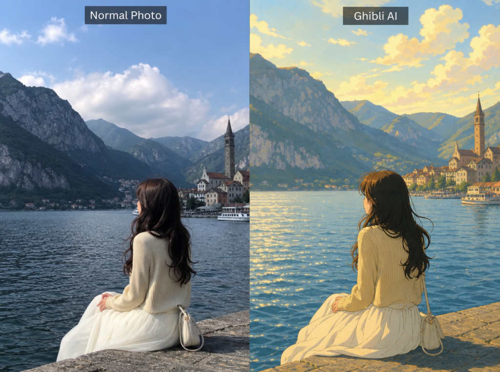 Comparison between an ordinary travel photo and a cinematic Ghibli-inspired AI-transformed image