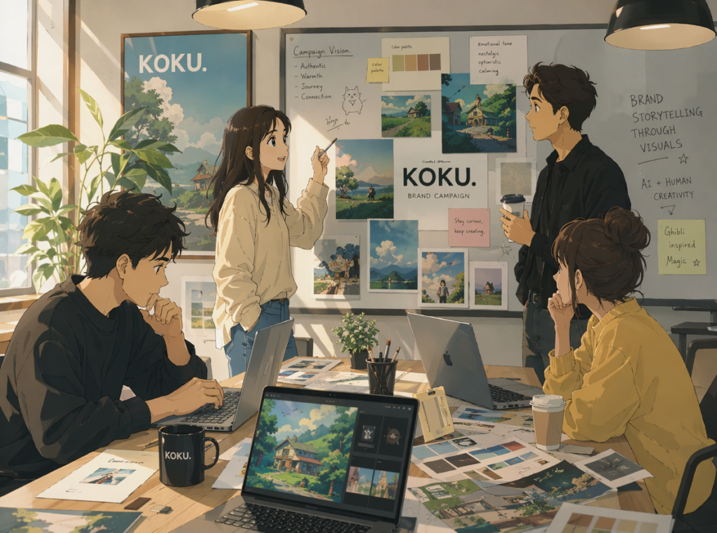 Creative team using AI-generated Ghibli-inspired visuals in a modern branding workspace