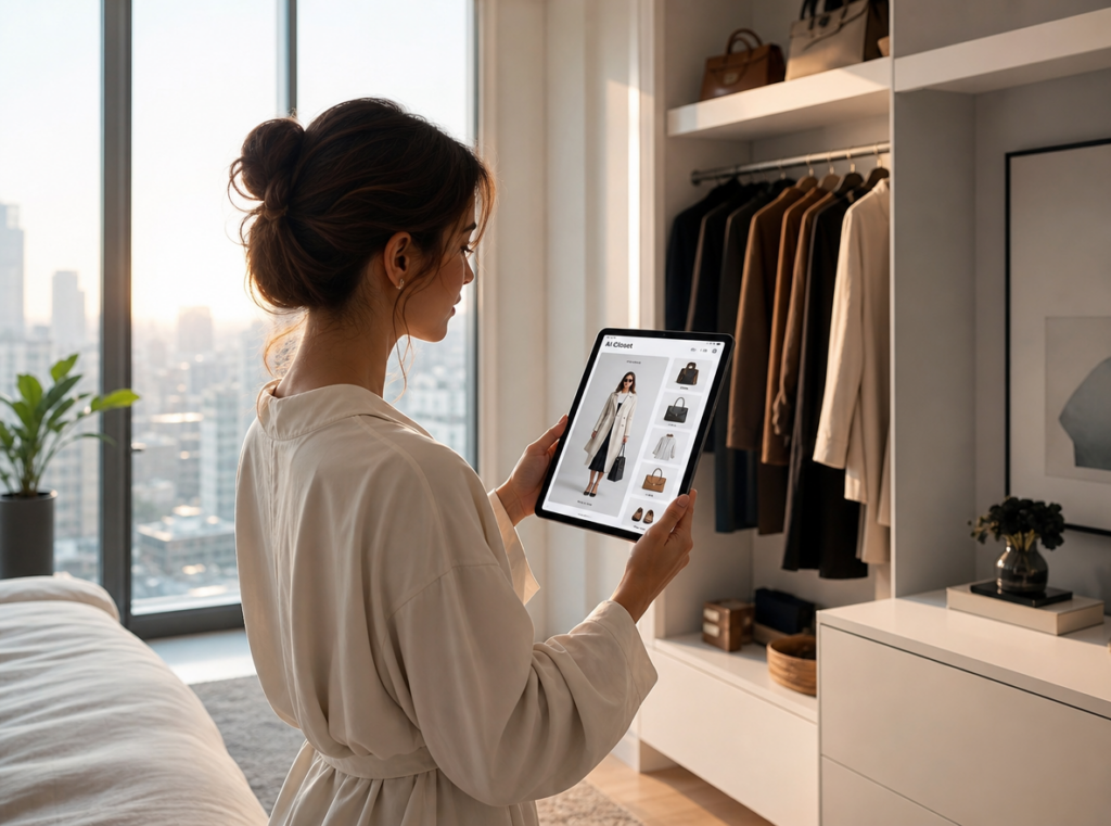 Woman using AI virtual closet app in a modern lifestyle and fashion environment
