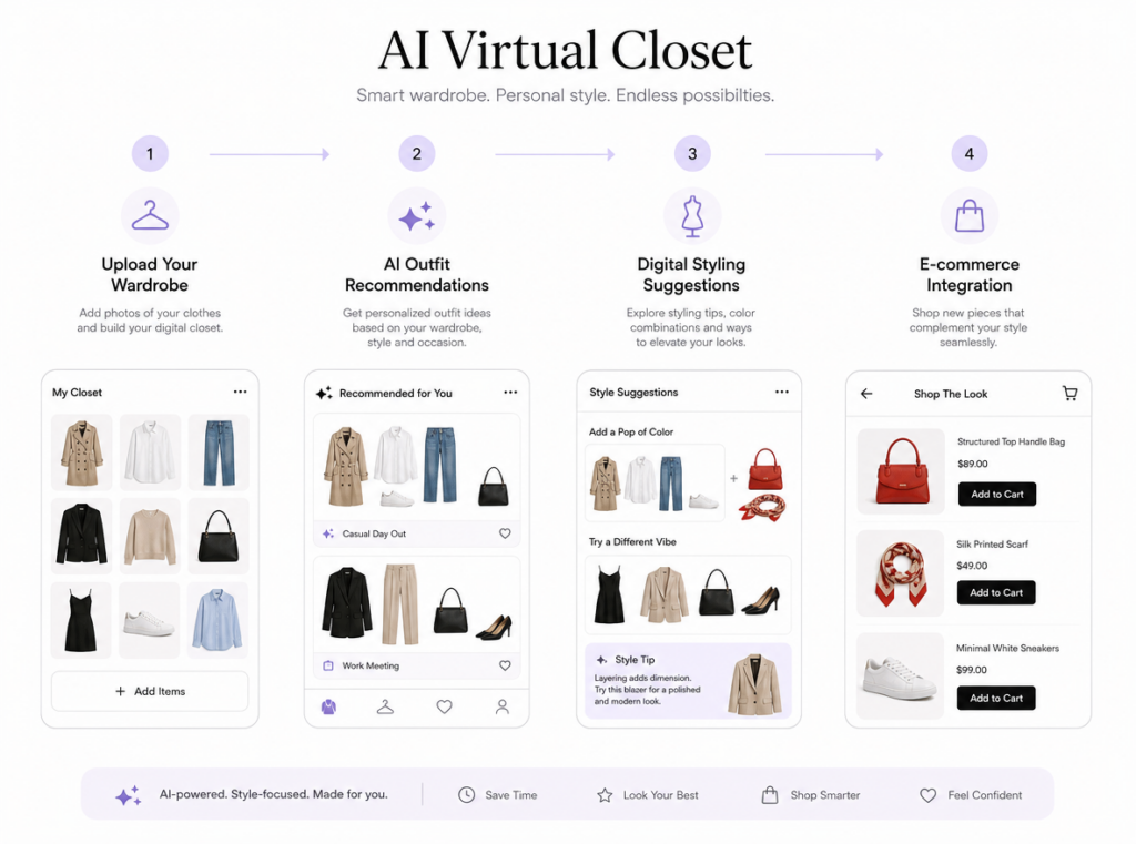 AI virtual closet workflow showing digital wardrobe analysis and outfit recommendation system