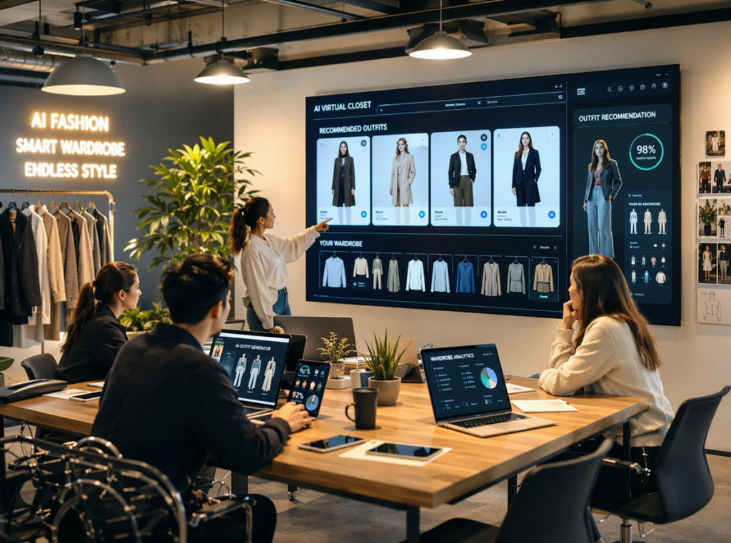 Fashion ecommerce team using AI virtual closet technology for digital styling and outfit recommendations