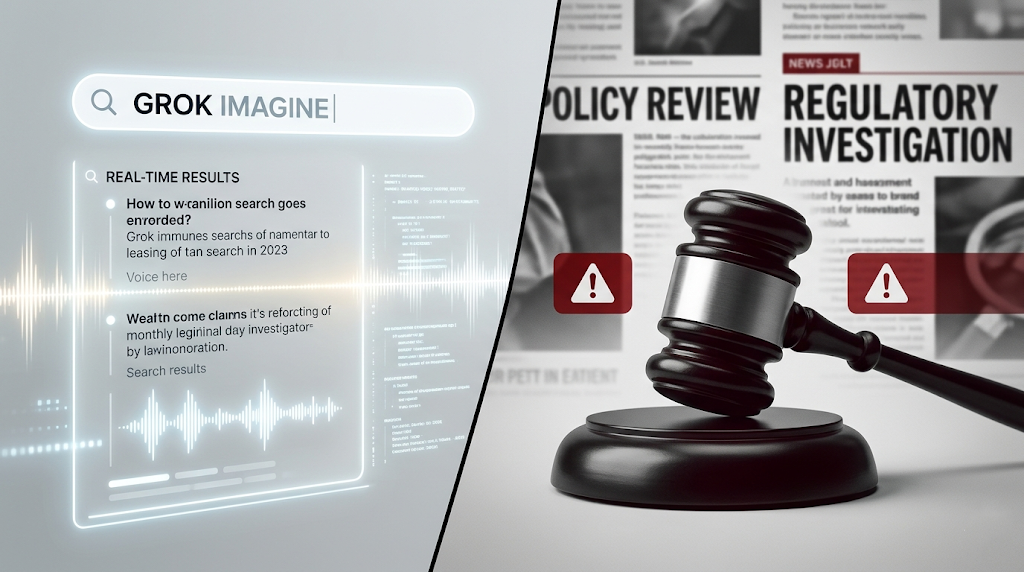 A split-screen composition. The left side shows a glowing "Grok Imagine" search bar with real-time results; the right side features a wooden judge’s gavel against a backdrop of news headlines about "Policy Review" and "Regulatory Investigation" with red warning icons.