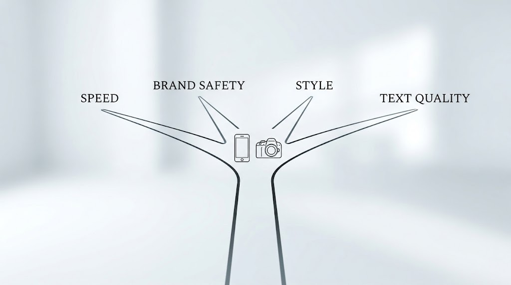 Decision Matrix for Choosing the Best AI Image Model – WeShop AI Blog A minimalist infographic showing a single path branching into four directions labeled Speed, Brand Safety, Style, and Text Quality, with camera and phone icons at the center.