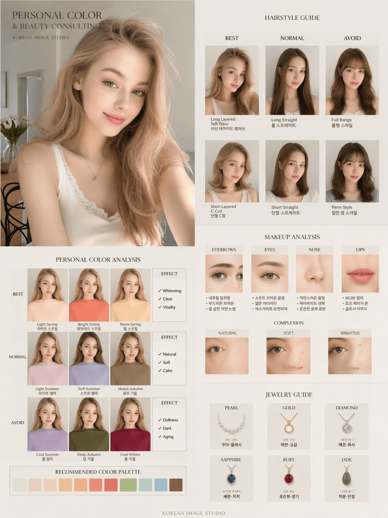 Korean-style AI personal color report with hairstyle guide, makeup analysis, color palette, and jewelry suggestions