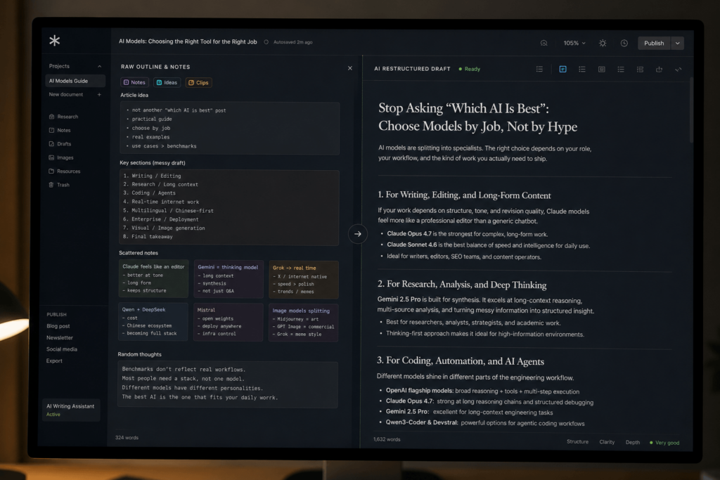 aaa – WeShop AI Blog A high-resolution screen capture of a dark-themed AI writing assistant interface. The left panel, "RAW OUTLINE & NOTES," contains scattered thoughts and bullet points. The right panel, "AI RESTRUCTURED DRAFT," shows the blog post "Stop Asking 'Which AI Is Best'" beautifully formatted with structured headings and analysis of Claude, Gemini, and OpenAI models.