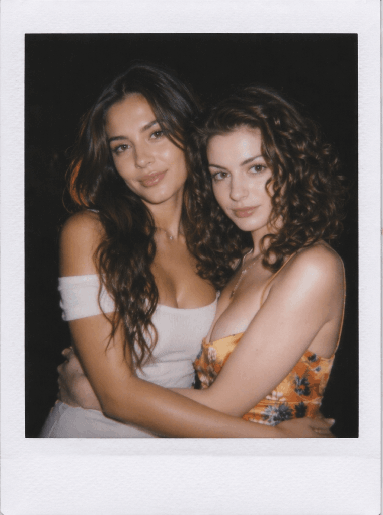 An aesthetic AI Polaroid photo combining a user's face with Anne Hathaway in a retro film-style embrace.