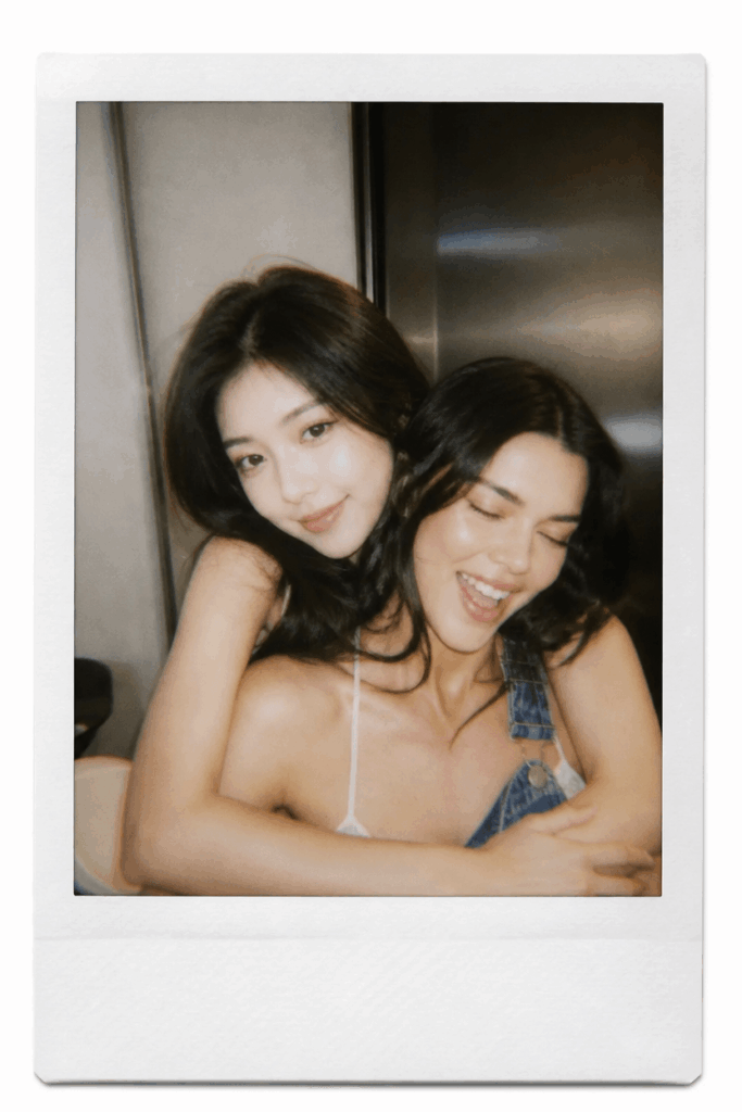Flash-lit retro AI Polaroid photo blending an Asian woman and Kendall Jenner laughing together in a candid snapshot.