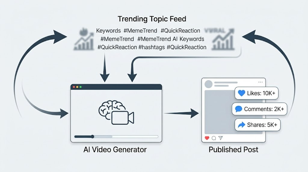 An editorial infographic showing a continuous cycle where trending topics feed into an AI video generator, which then outputs to a social media post with high engagement metrics.