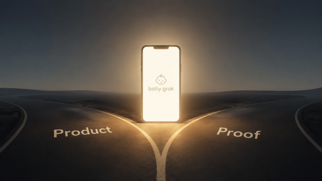 babe – WeShop AI Blog A glowing smartphone displaying the Baby Grok logo stands at a literal fork in a dark road. The two paths ahead are labeled "Product" and "Proof," illuminated by the light from the phone screen.